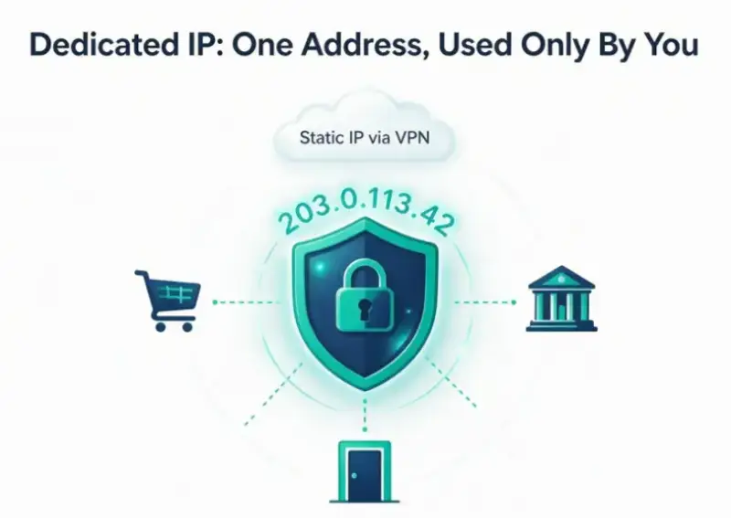 a dedicated VPN IP acts as one fixed, trusted entry point that only you use - no shared flags, fewer CAPTCHAs