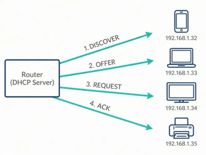 the four-step DORA handshake every device runs through to get a dynamic IP from your router (1)